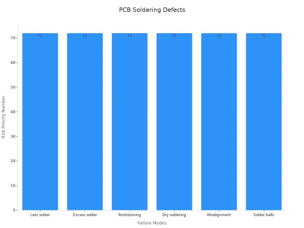 Balkendiagramm mit sechs PCB-Lötfehlermodi und RPN-Werten