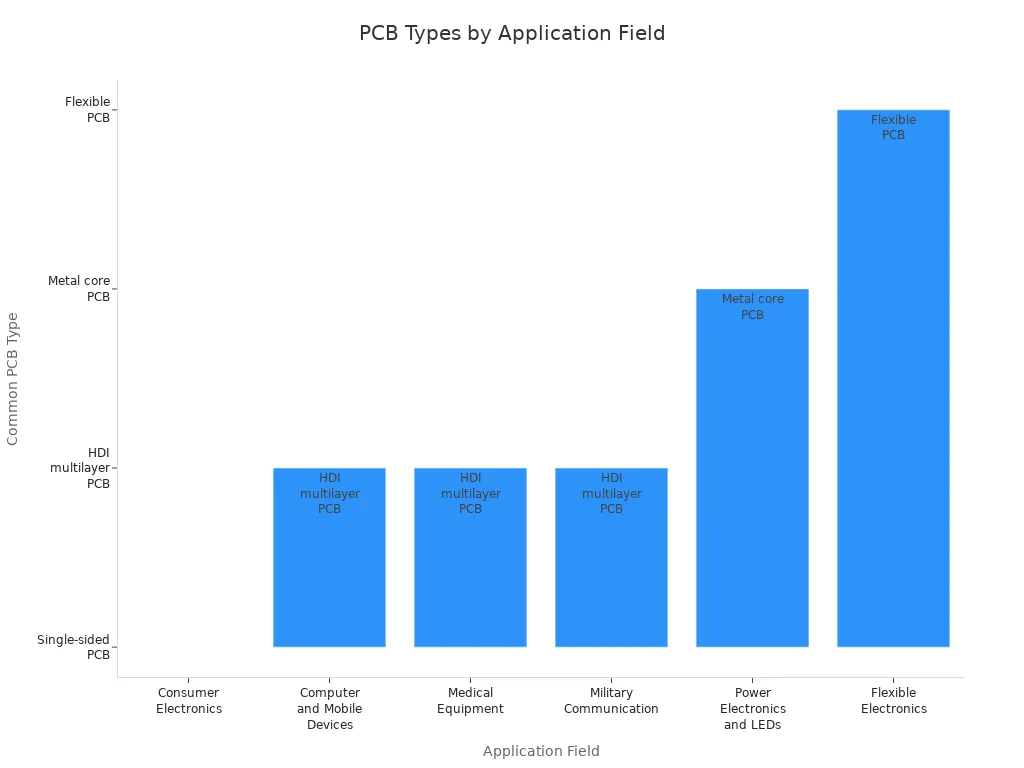 Gráfico de barras que muestra los tipos comunes de PCB utilizados en varios campos de aplicación