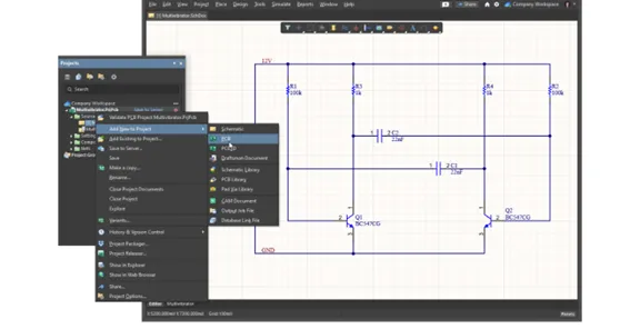 Àkójọ àkójọpọ̀ àwọn iṣẹ́ akanṣe pẹ̀lú 'Fi Tuntun kún Iṣẹ́ Àgbékalẹ̀' tí a fẹ̀ sí i, tí ó ń fi àwọn àṣàyàn PCB àti àwòrán hàn