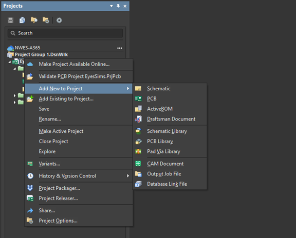 Tẹ-ọtun akojọ aṣayan ti awọn iṣẹ akanṣe ti o fihan 'Fi Tuntun kun Iṣẹ akanṣe' pẹlu PCB, Schematic, ati awọn iru iwe miiran