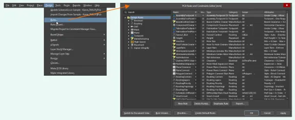 Wiwọle si akojọ aṣayan Awọn ofin apẹrẹ nipasẹ akojọ apẹrẹ ti n fihan awọn ẹka awọn ofin ati awọn aṣayan iṣeto
