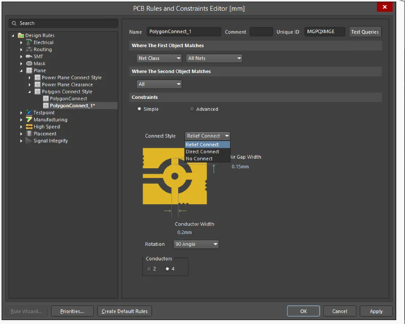 Ìṣètò ara ìsopọ̀ polygon tí ó ń fi àwọn àṣàyàn Relief Connect, Direct Connect, àti No Sopọ̀ hàn