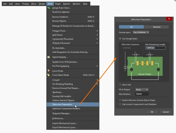 Àtòjọ àwọn irinṣẹ́ tí ó ń fi àṣàyàn ìpèsè Silkscreen hàn fún ṣíṣàkóso àwọn èròjà silkscreen