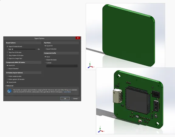 Ìjíròrò STEP Export Options àti àwọn ìwòran àwòṣe 3D tí ó ń hàn níwájú àti ẹ̀yìn PCB
