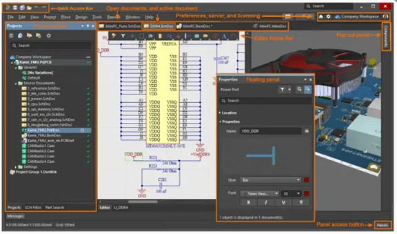 Ni wiwo olootu Altium PCB ti n ṣafihan ibi iṣẹ akọkọ pẹlu wiwo 3D, nronu Awọn iṣẹ akanṣe, nronu Awọn ohun-ini, ati awọn iṣakoso fẹlẹfẹlẹ