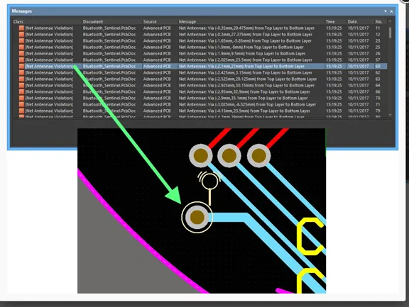 Àkójọ àwọn ìránṣẹ́ tí ó ń fi àwọn ìrúfin DRC hàn pẹ̀lú àwọn àlàyé àṣìṣe tí a ṣe àti ìwòye pípẹ́ ti ibi ìrúfin lórí PCB