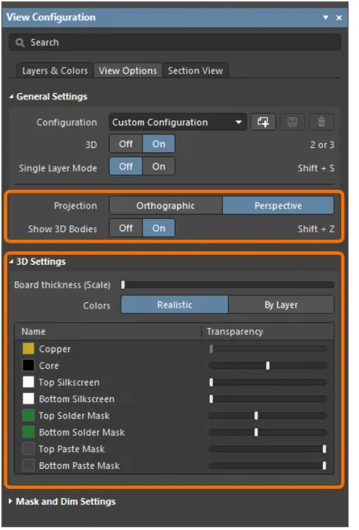 Wo pánẹ́lì ìṣètò tí ó ń fi àwọn ètò 3D hàn pẹ̀lú àwọn àṣàyàn Ìṣàfihàn, Àwọn àṣàyàn Orthographic/Perspec, àti àwọn ìṣàkóso ìṣàfihàn fẹlẹfẹlẹ
