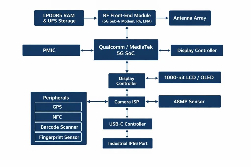 Schemat blokowy architektury systemu wytrzymałego przemysłowego smartfona 5G