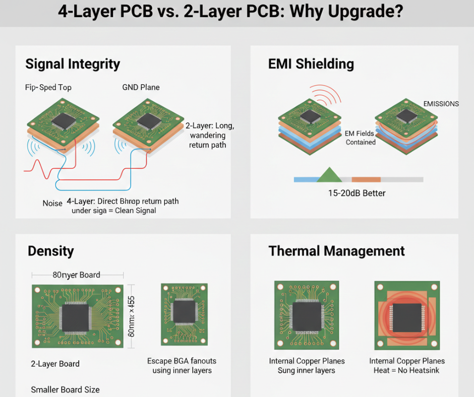 4-Layer PCB vs. 2-Layer PCB Comparison Drawing