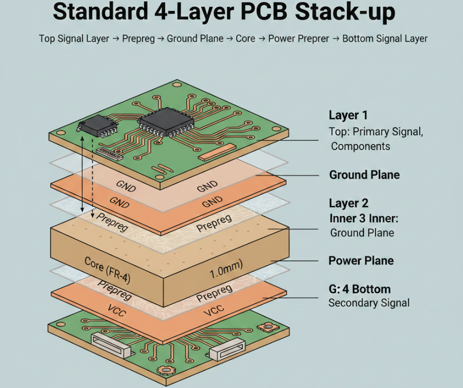 The layer stack in a 4-layer board