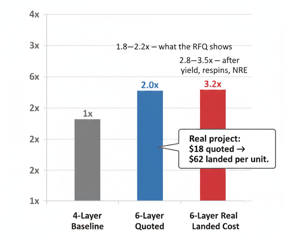 Bar chart comparing quoted vs real landed cost of 6-layer PCB showing quoted multiplier of 1.8 to 2.2 times 4-layer cost versus real landed cost multiplier of 2.8 to 3.5 times including yield loss, respins, and NRE