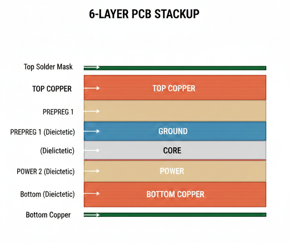  6 layer PCB stackup cross-section diagram showing L1 top signal, L2 ground plane, L3 inner signal, L4 power plane, L5 inner signal, and L6 ground plane with dielectric layers between each
