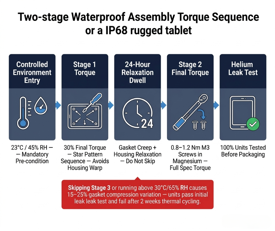 Diagramma di flusso del processo di assemblaggio impermeabile per tablet rugged IP68 che mostra la sequenza di serraggio a due fasi con un periodo di rilassamento obbligatorio della guarnizione di 24 ore a 23 gradi Celsius e 45% di umidità relativa, vite M3 finale t