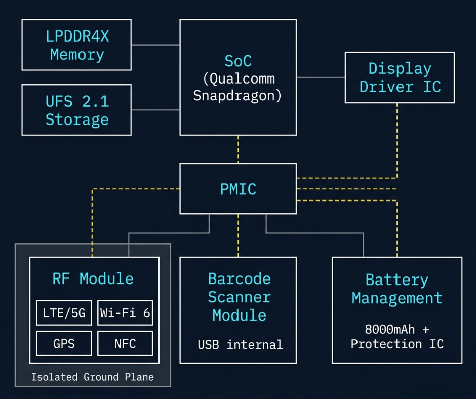 Diagramma a blocchi hardware di Wonderful PCB Tablet rugged IP68 che mostra SoC, PMIC, memoria LPDDR4X, storage UFS, modulo RF con LTE 5G Wi-Fi 6 GPS NFC, modulo scanner di codici a barre, driver del display e gestione della batteria da 8000 mAh