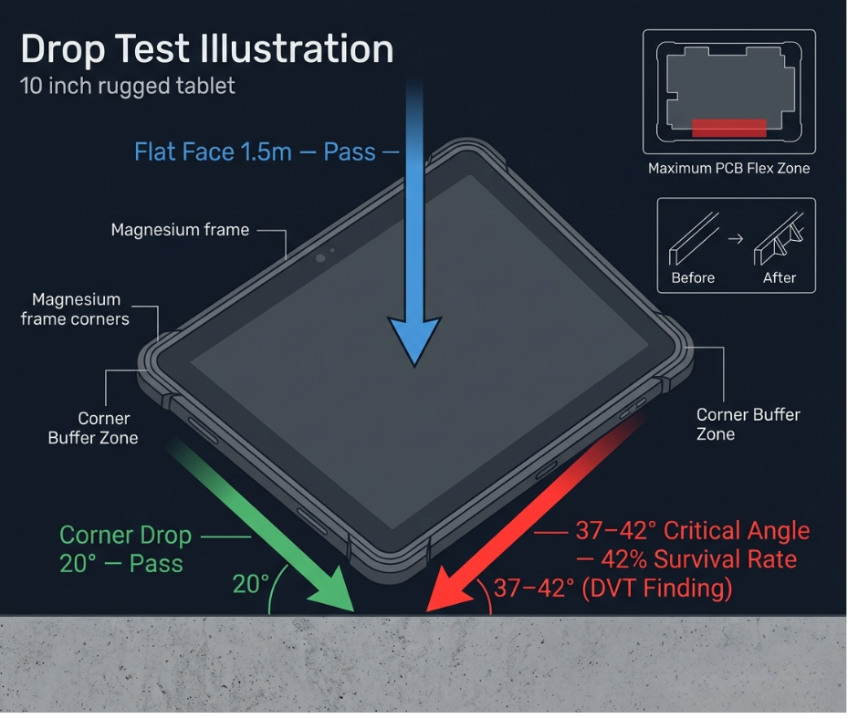 Diagramma del test di caduta per tablet industriale robusto MIL-STD-810H IP68 che mostra tre angoli di impatto di caduta, inclusa la zona di rottura critica da 37 a 42 gradi che ha prodotto un tasso di sopravvivenza del 42% durante il test DVT, con