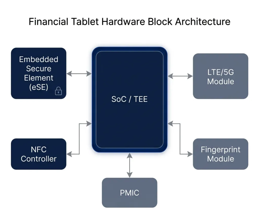 Diagram arsitektur blok perangkat keras dari tablet Android keuangan yang aman, menunjukkan interkoneksi antara SoC dengan TEE, elemen keamanan tertanam, pengontrol NFC, modul sidik jari, modul LTE5G, dan manajemen daya PMIC.