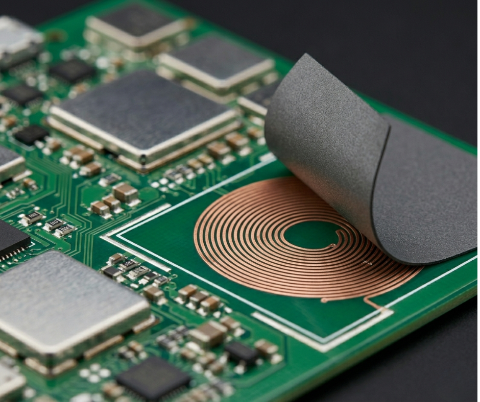 Tampilan dekat PCB tablet keuangan yang menunjukkan penempatan kumparan antena NFC pada penutup belakang dengan lapisan pelindung ferit dan zona larangan masuk berbahan logam yang ditandai, digunakan dalam pembuatan tablet pembayaran yang aman.