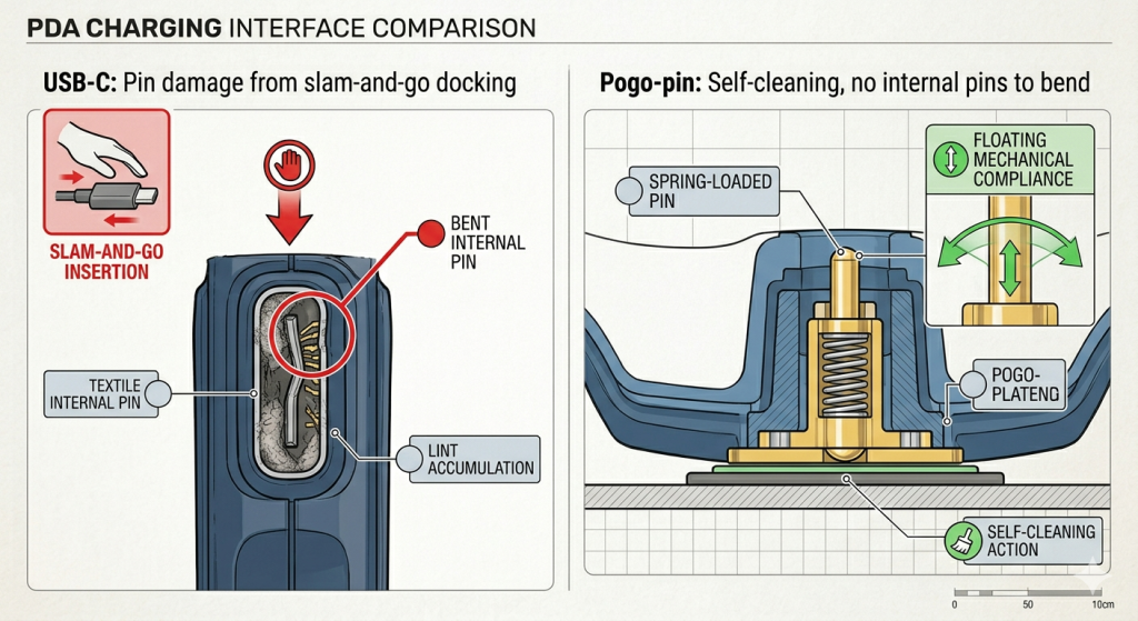 Ilustrace v řezu vedle sebe porovnávající nabíjecí kontakty USB-C a pogo-pin. Vlevo je port USB-C s vlákny uvnitř a ohnutým kolíkem označeným jako porucha z opakovaného dokování slam-and-go. Vpravo je pružinový konektor.