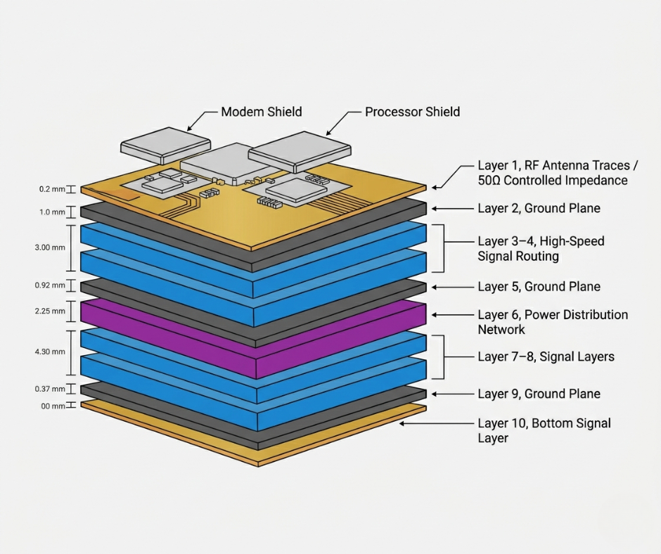 Průřezový diagram 10vrstvé desky plošných spojů zobrazující trasy VF antén, dvojité zemnící roviny, izolovanou rozvodnou síť a nezávislé stínění EMI přes modem a procesor.