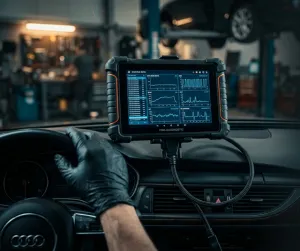 O le ata faavaa o loʻo faʻaalia ai se masini suʻesuʻe malosi mo taʻavale o loʻo faʻaalia ai faʻamatalaga ola o le CAN bus ECU o loʻo faʻapipiʻi i luga o le dashboard o le taʻavale, faʻatasi ai ma le lima o le mekanika o loʻo ufi lima i luga o le uili taʻavale ma se siosiomaga pogisa o le fale faigaluega i tua, o loʻo faʻatusalia ai le atinaʻeina faʻapolofesa o meafaigaluega suʻesuʻe OBD-II.