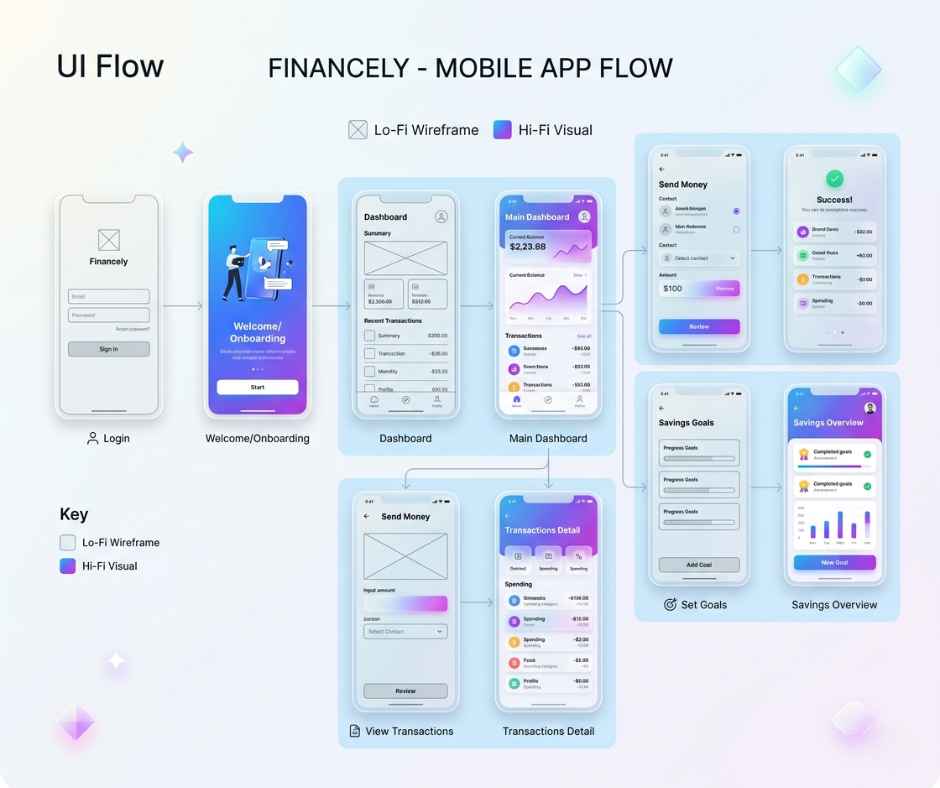 Et brugergrænsefladeflowdiagram, der viser overgangen fra low-fidelity wireframes til high-fidelity mobilappdesigns til et digitalt økosystem for en smart tablet til tidlig uddannelse.
