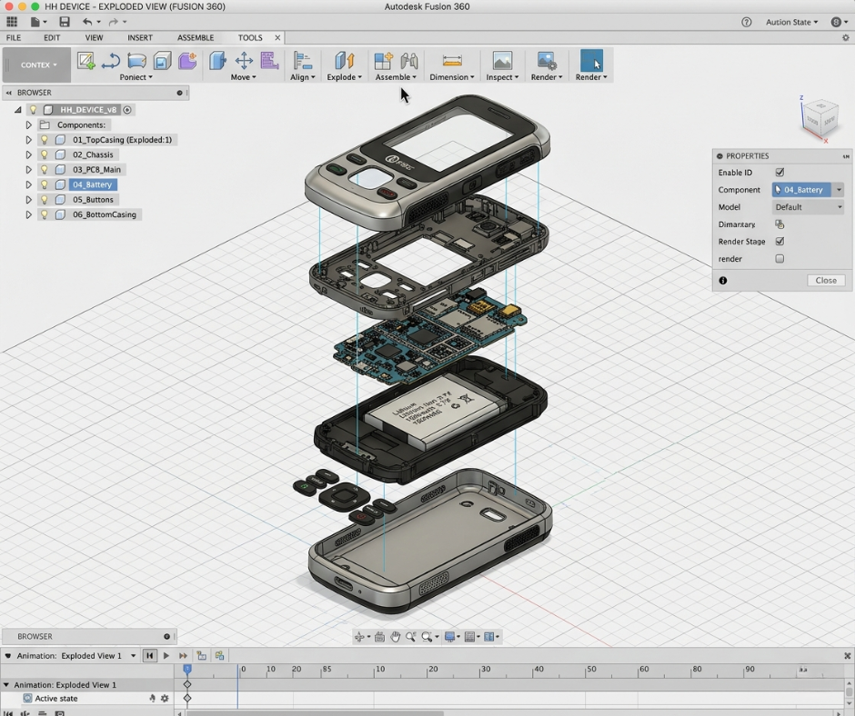 En eksploderet 3D CAD-model af en håndholdt elektronisk enhed, der viser interne og eksterne mekaniske komponenter i en professionel designsoftwaregrænseflade.