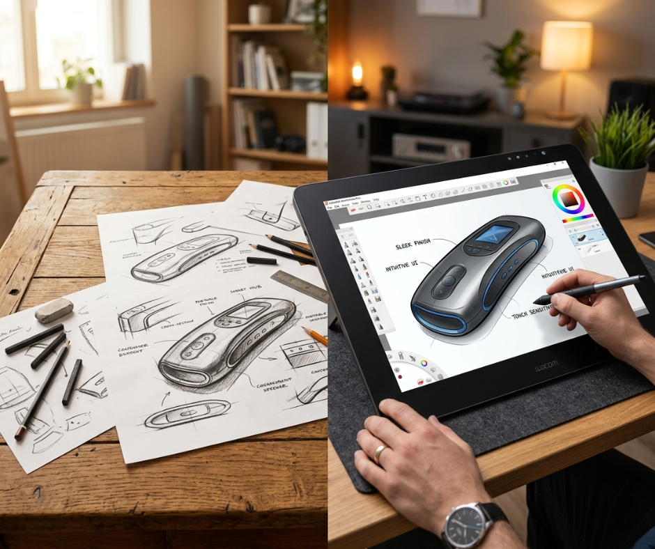 En delt skærmvisning, der viser håndtegnede produktskitser på papir, der overgår til et digitalt design på en smart tablet til førskoleundervisning, hvilket illustrerer den tidlige produktidéfase.