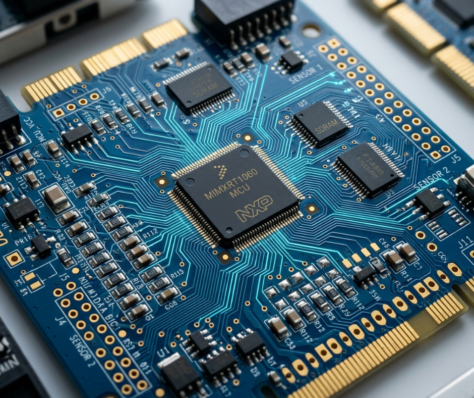 Nærbillede af et komplekst flerlags blåt printkort med guldkredsløb og mikrochips, der repræsenterer den elektrotekniske fase af produktudviklingen.