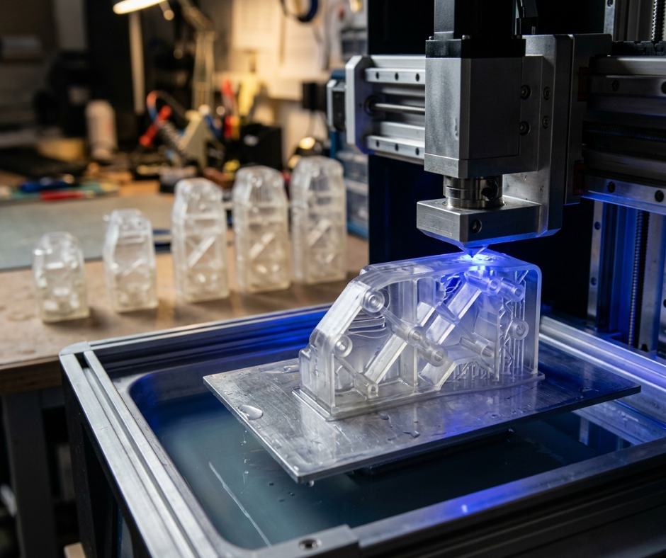 En industriel 3D-printer, der skaber en prototype af en produktdel i gennemskinnelig harpiks og viser den iterative proces med fysisk prototyping.