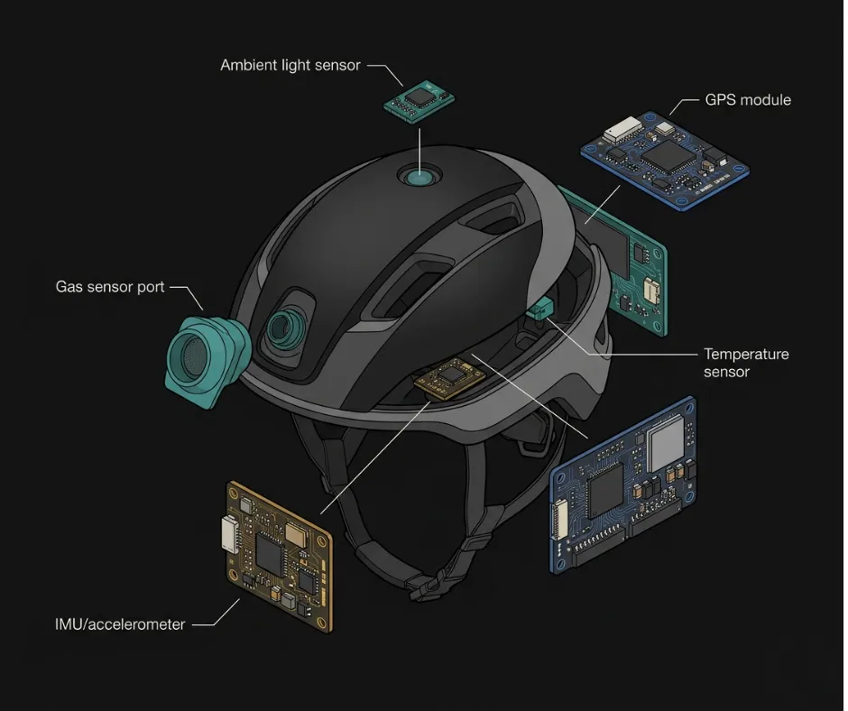 Exploded diagram of a smart safety helmet showing individual sensor modules including GPS, IMU, temperature sensor, and gas detection port radiating outward from the helmet shell with labeled leader lines.