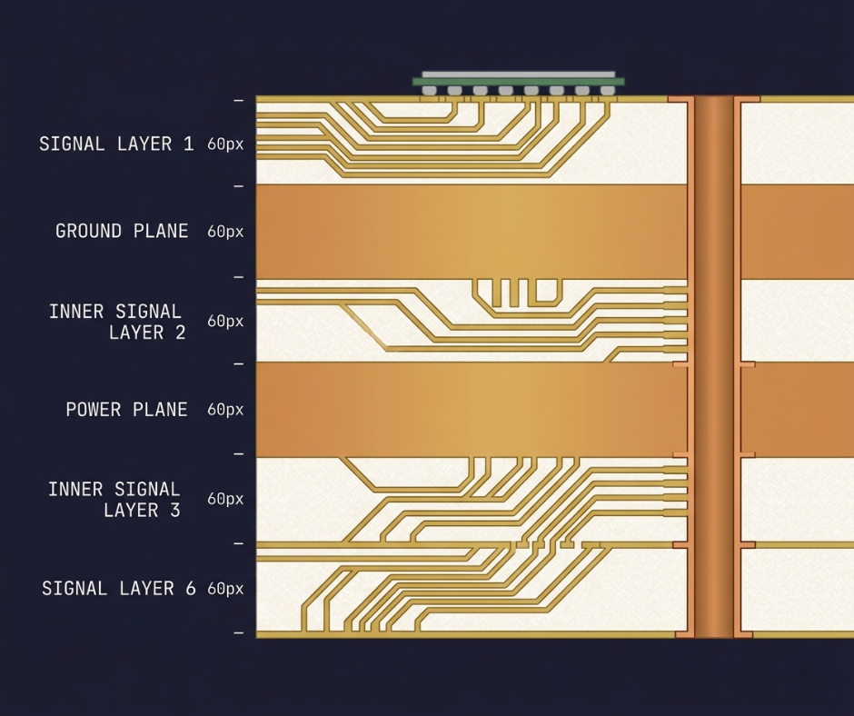 Cross-section diagram of a six-layer PCB showing copper signal layers, ground plane, power plane, dielectric separators, a drilled via, and BGA solder balls in a technical stack-up illustration.