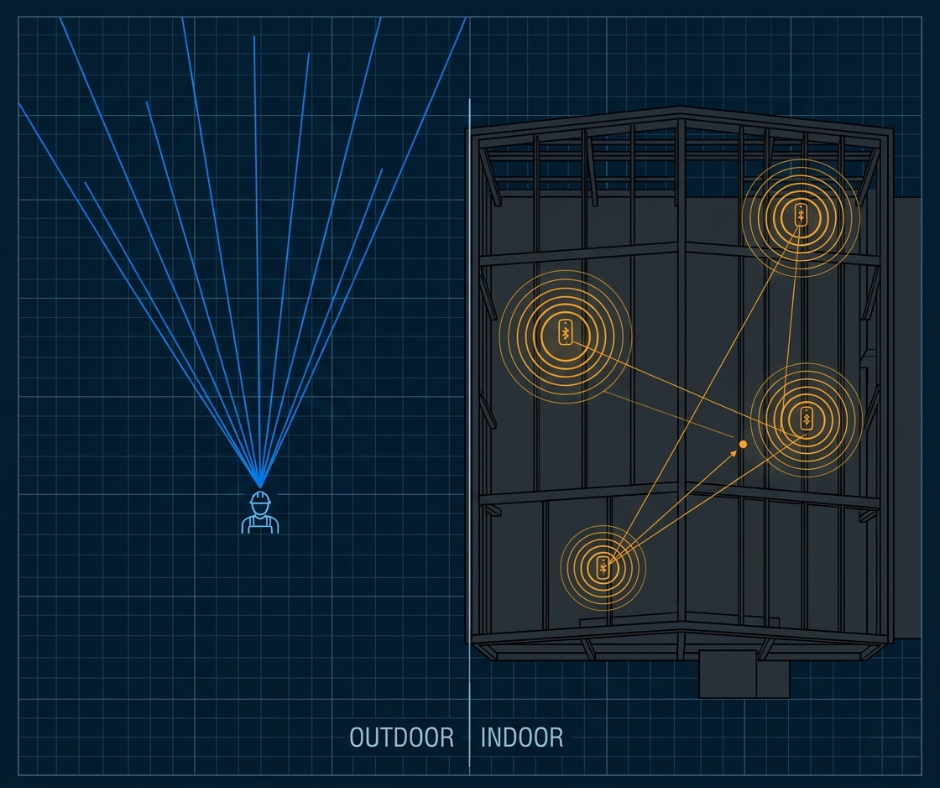 Aerial diagram showing GPS signal tracking outdoors transitioning to BLE beacon triangulation indoors on a construction site floor plan, with signal lines and worker position markers.