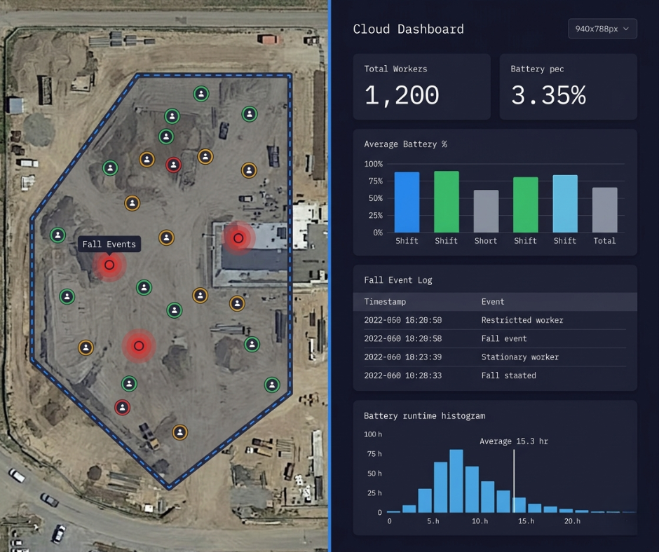 Split-screen visualization showing a construction site aerial map with worker tracking dots, geofence overlays, and fall event markers on the left, alongside a cloud dashboard displaying fleet metrics, battery runtime data