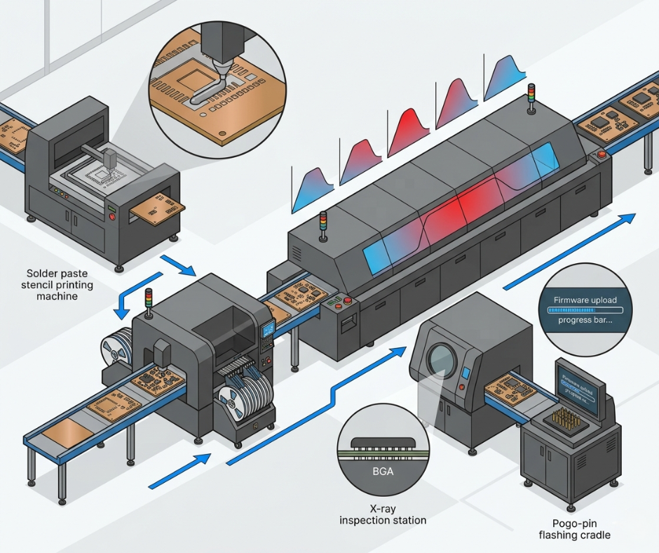 Isometric production line illustration showing five SMT assembly stages solder paste printing, pick-and-place, reflow oven with temperature curve, X-ray BGA inspection, and pogo-pin firmware flashing.