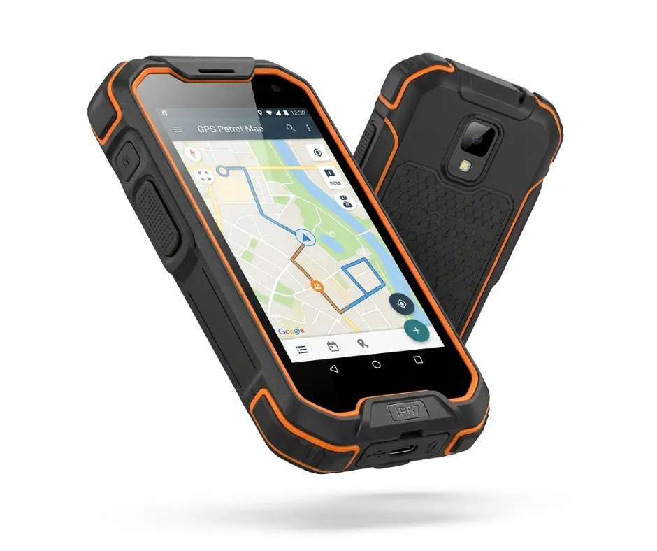 Rugged industrial patrol terminal with GPS map interface on screen, orange TPU bumper edges, physical PTT button, and IP67-rated waterproof construction shown in 34 product view.