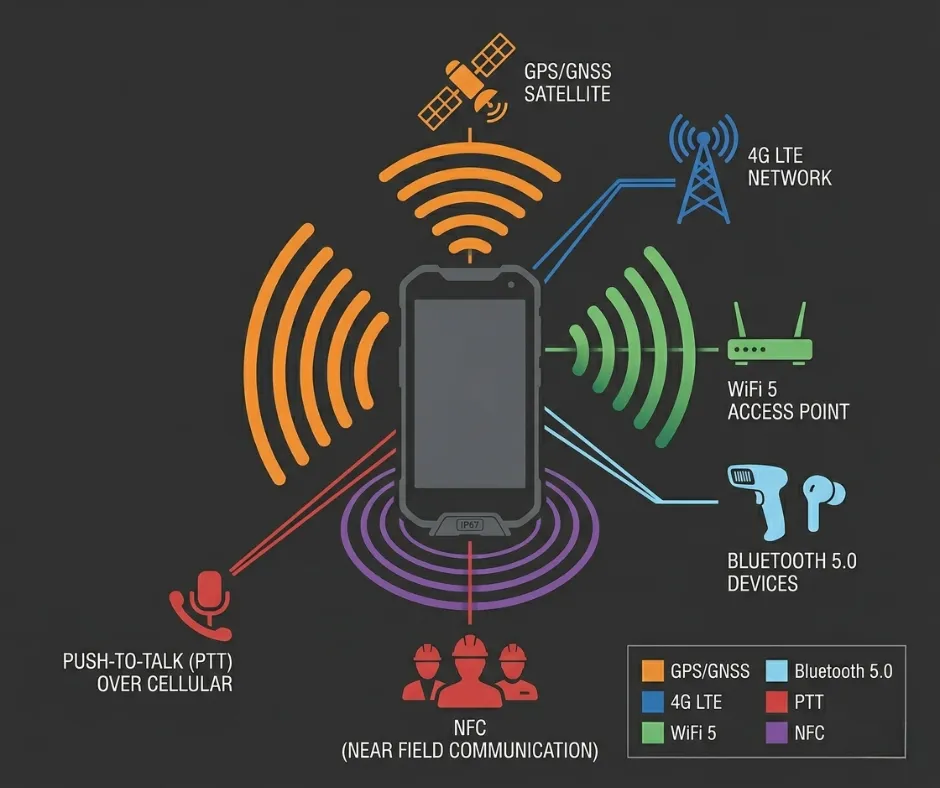 Communication architecture diagram showing a rugged patrol device at center with color-coded wireless connections radiating outward to GPS satellite, 4G cell tower, WiFi router, Bluetooth accessories, NFC checkpoint, and P