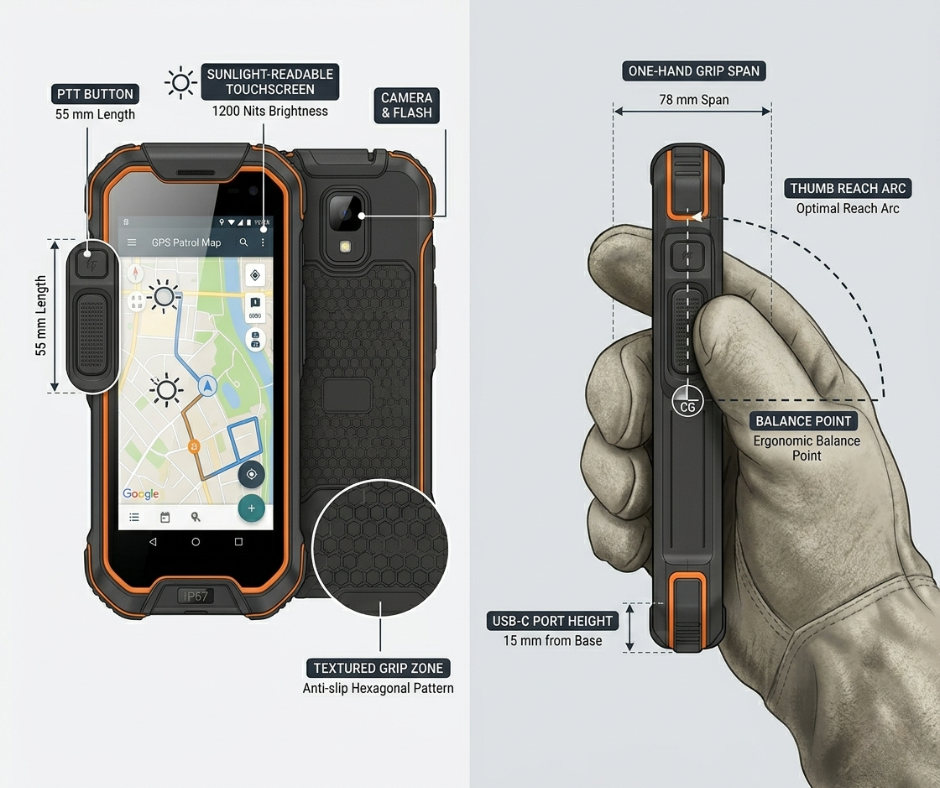 Ergonomic design annotation of industrial patrol terminal showing one-hand grip, thumb reach arc for PTT button access, glove-compatible touchscreen, grip texture zones, and key dimension callouts from front and side views