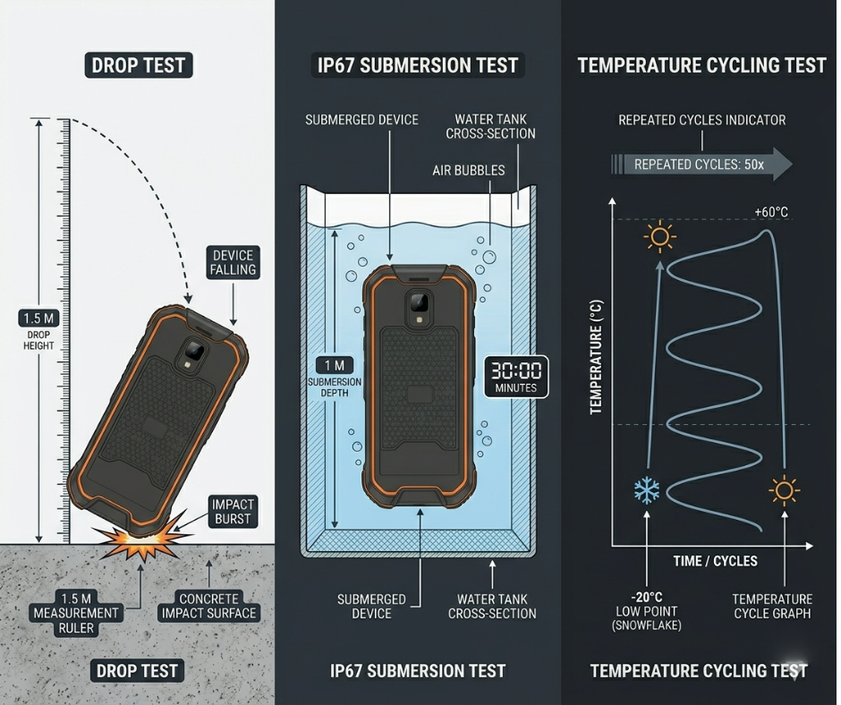 Three-panel environmental testing illustration showing 1.5 meter drop test with impact trajectory, IP67 water submersion test at 1 meter depth, and temperature cycling test graph between negative 20 and 60 degrees Celsius.