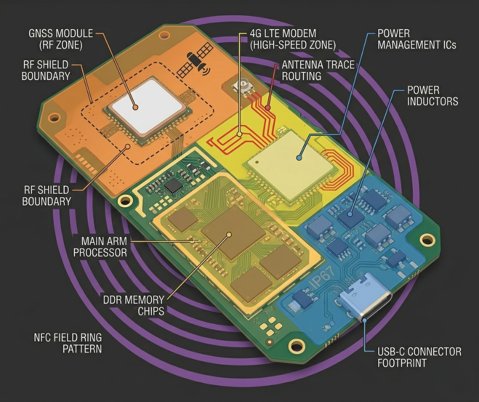 Annotated multi-layer PCB layout for industrial patrol terminal showing GNSS module with RF isolation zone, 4G LTE modem, ARM processor, power management ICs, and color-coded signal routing regions.