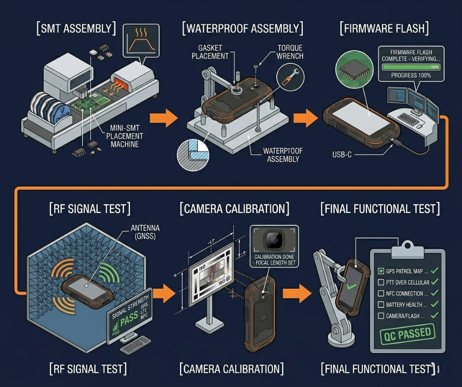 Three-panel environmental testing illustration showing 1.5 meter drop test with impact trajectory, IP67 water submersion test at 1 meter depth, and temperature cycling test graph between negative 20 and 60 degrees Celsius.