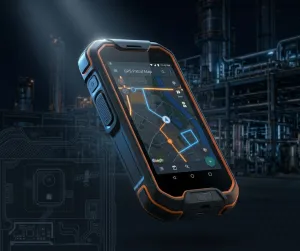Cover image for smart inspection device case study showing a rugged GPS-enabled industrial patrol terminal floating against a dark manufacturing facility background with dramatic studio lighting, glowing patrol map on scre