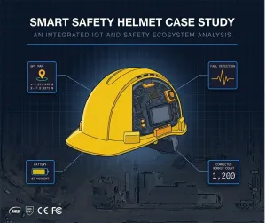 Cover image for a smart safety helmet IoT development case study showing a cutaway helmet revealing internal PCB and sensor components, with data stream lines connecting to floating UI cards displaying GPS tracking, fall d