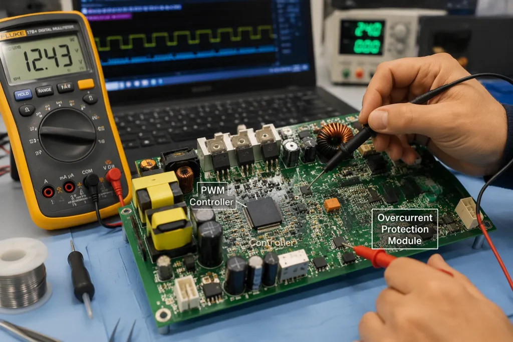 Cómo funciona el control PWM con la protección contra sobrecorriente en la electrónica de potencia.
